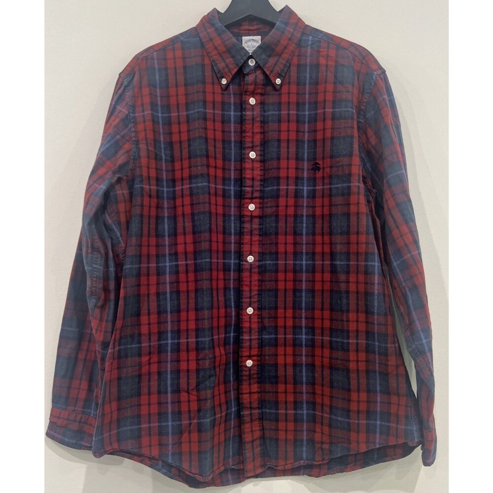Brooks Brothers Regent Mens Size L Red Plaid Button Down Long Sleeve Logo